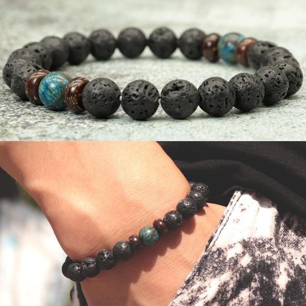 

100% real natural lava rock stone bracelets men wooden disc beaded braslet for hombre survival braclet bijoux homme present, Black