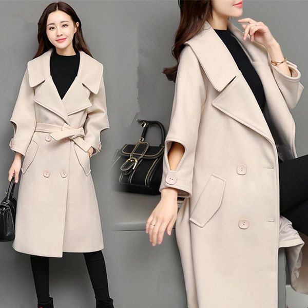 

england style long wool coat double breasted wool blend coat and jacket turn-down collar women coats autumn winter, Black