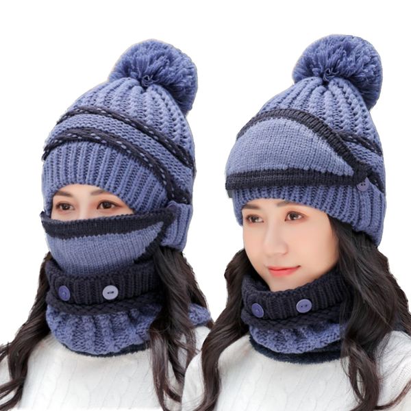 

bingyuanhaoxuan 3 in 1 warm thick knitted beanie hat scarf and mask set slouchy snow knit cap infinity scarves for women, Blue;gray