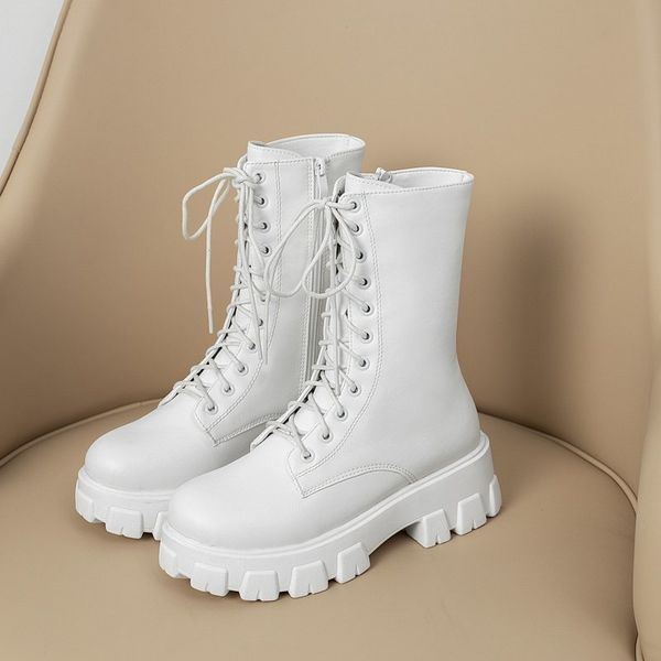

2020 white combat autumn black leather platform gothic shoes winter warm plush women mid-calf boots size 35-43 q1104
