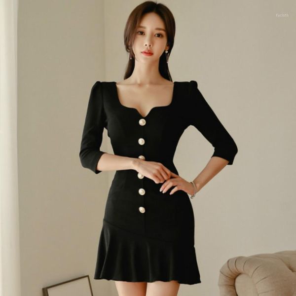 

autumn black mini vestidos women's mini single breasted fishtail bodycon club dress1, Black;gray