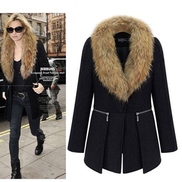 

women's wool & blends faux fur collar woolen coat women plus size 5xl overcoat winter warm elegant lady black fashion casual girl outer