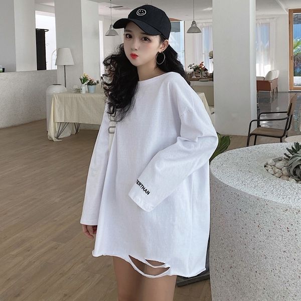 

t9tth здесь приходит вышивка рукав осени вокруг шеи длинного перфорированной цзо tmiss t-рубашка длиной средней рыхлого пассива рубашки выши, White