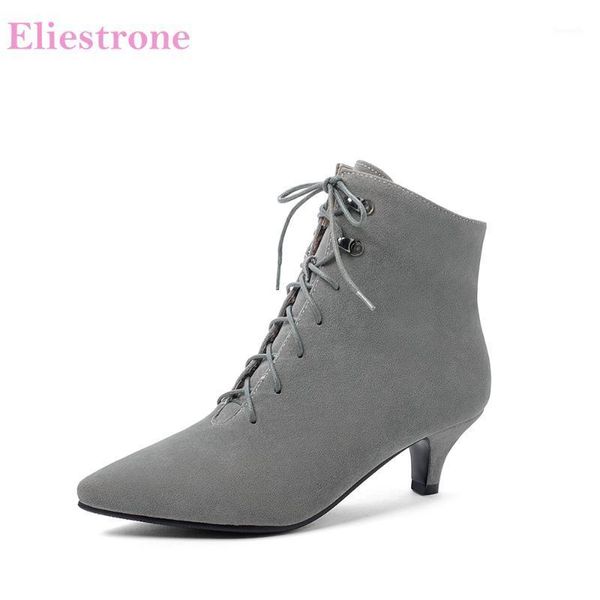 

boots 2021 brand fashion gray black women ankle lace up 2 inch med heels lady shoes plus big small size 12 30 43 45 481