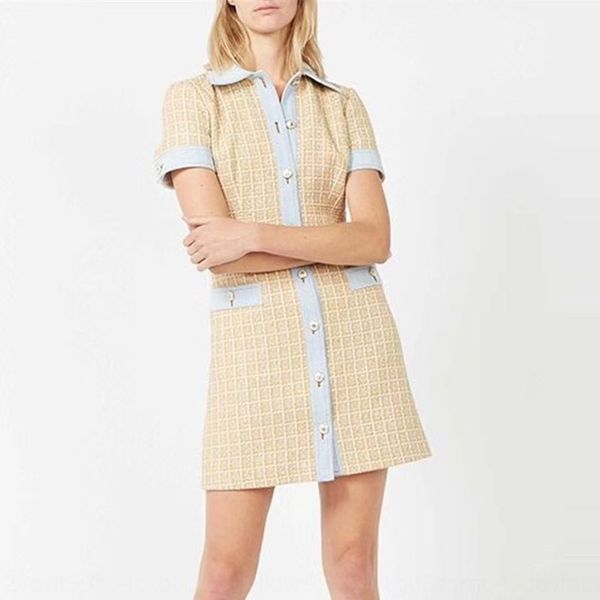 

france s home aline skirt aline skirt spring and summer 2020 new tweed small fragrance denim splicing color contrast short sleeve a-line dre, Black;gray