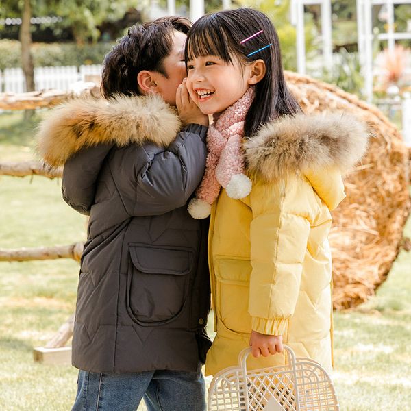 

new mid long down jacket for children in autumn and winter korean version of solid color large hairband down coat, Blue;gray