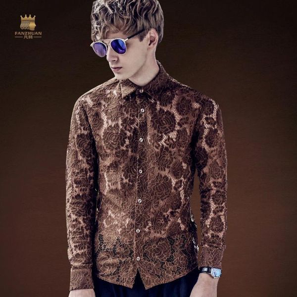 

fanzhuan men's dress shirt party costume openwork lace long sleeve shirt european and american stars, White;black