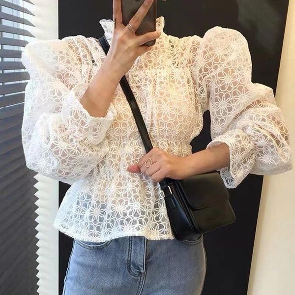 

women's blouses & shirts fashion white translucent women spring fall korean sweet casual loose shirt female stand collar office lady