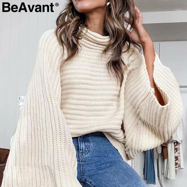 

beavant casual turtleneck knitted sweater women striped streetwear ladies jumpers pure loose oversize winter female pullovers1, White;black