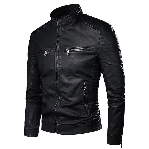 

2021 new spring new vintage coat outfit design motor biker zip pocket pu leather jacket men 6e6x, Black