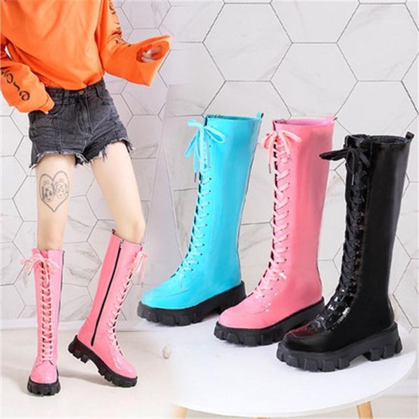 

autumn winter chunky platform long boots women fashion lace up pu leather knee high boots woman height increasing botas eu 35-401, Black