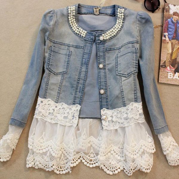 

cute women's lace coat with pearl beads denim jeans coat jackets outwear female crop jacket women clothes, Black;brown