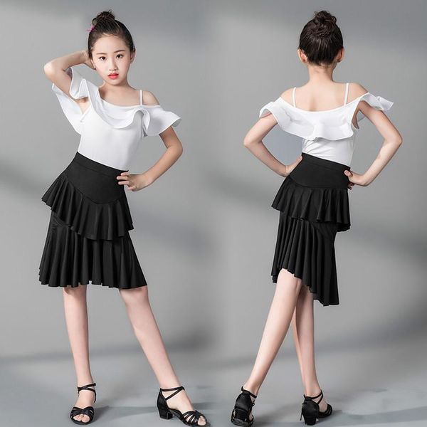 

latin dance costumes for children girls samba chacha dancing clothes modern professional competition dance dress + skirt, Black;red