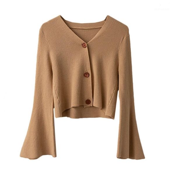 

2020 loose cozy lazy wind exquisite trumpet sleeve sweater short paragraph slim fit sweater women v-neck stylish sweaters1, White