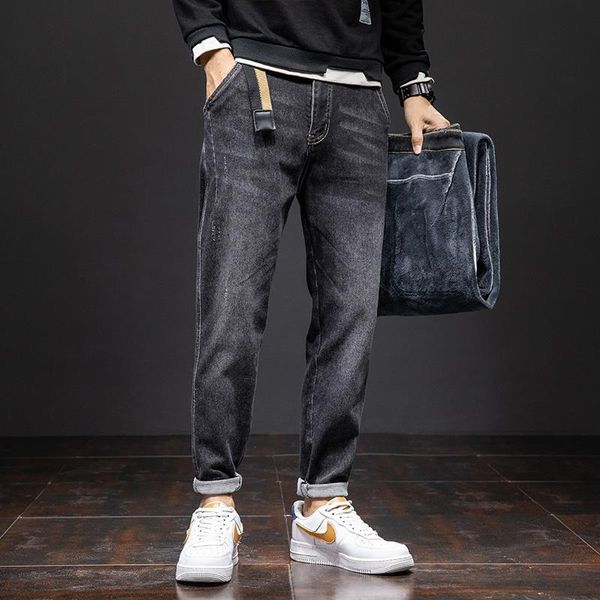 

men's jeans quanbo winter fleete black harem 2021 warm thick men baggy brand clothing, Blue