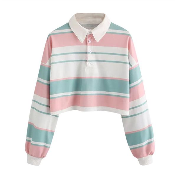 

new autumn 2020 sweatshirts women crop striped long sleeve turn down collar and blouses harajuku kawaii sweatshirts, Black