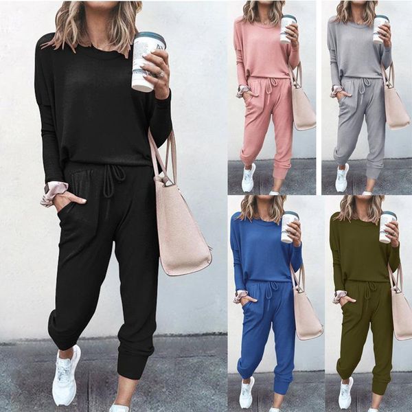 

2020 autumn/winter new women's pajamas set loose solid long sleeve pockets pants 2 piece sets casual sports women suits1, Gray