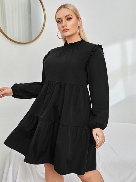 

plus solid frill trim dress v8hc#, Black