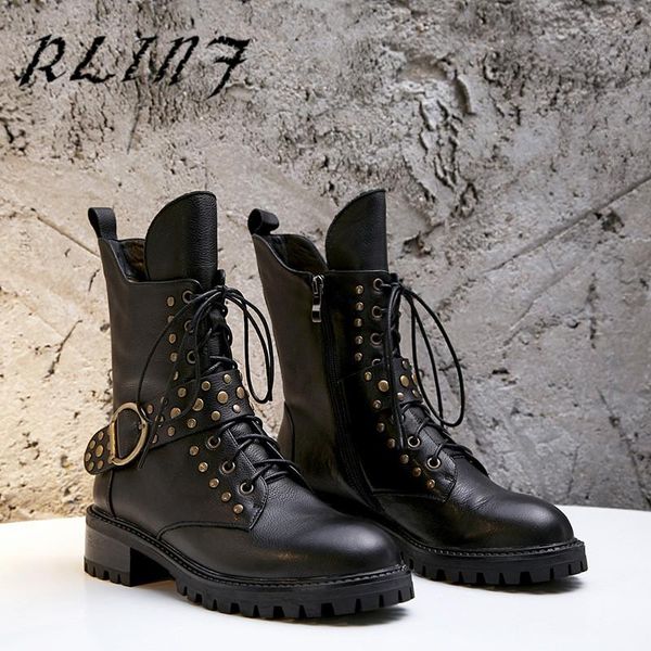 

rlinf new fashion motorcycle women's boots fashion big scalp boots with rivets women's, Black
