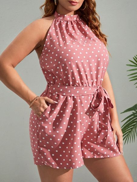 

plus polka dot print tie backless belted halter romper c1iv#, Black
