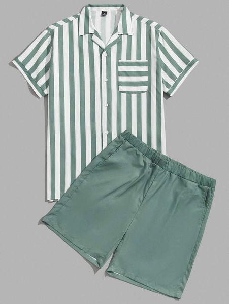 

men drop shoulder striped print patch pocket shirt & shorts k8zd#, Gray