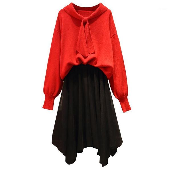 

winter women outfit new large size ladies' younger sister pullover red sweater black irregular leisure suit knitwear casual1, Gray