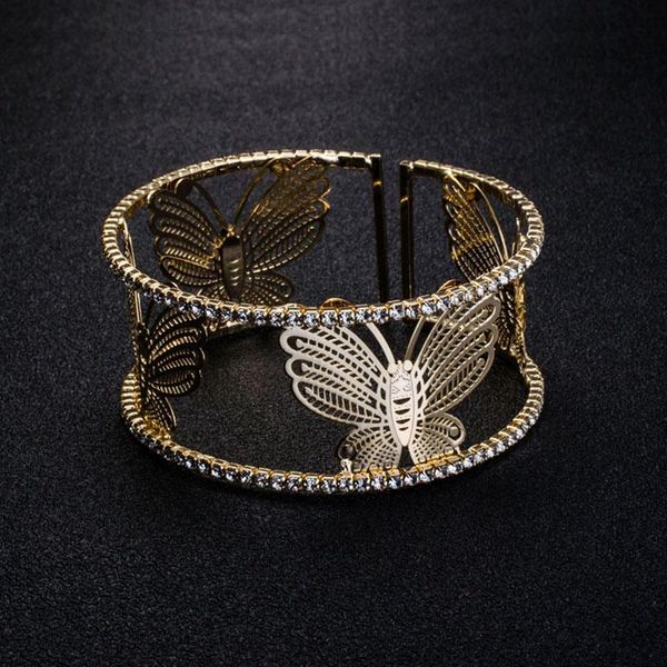 Armreif, großer Schmetterling, offenes Armband, goldfarbenes Metall, glitzernde Kristall-Strasssteine, runde Manschettenarmbänder für Frauen