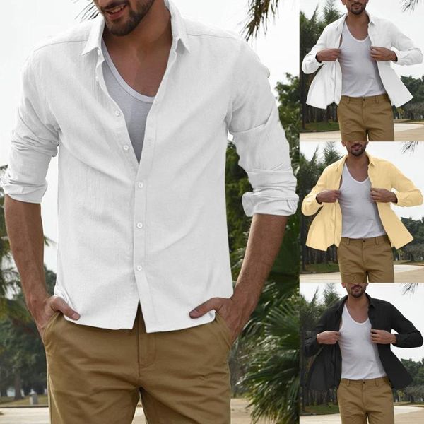 

autumn fashion shirts casual long sleeve camisa men's baggy linen blend solid color long sleeve turn-down collar shirts -3xl1, White;black