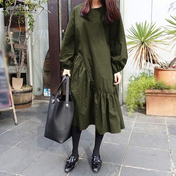 

zanzea fashion women long puff sleeve sundress spring vintage ruffles dress casual female solid party vestido robe femme dresses, Black;gray