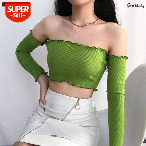 

new summer women off shoulder t-shirt ladies full sleeve knit crop shirt femme shirt tanks streetwear #b16l, White
