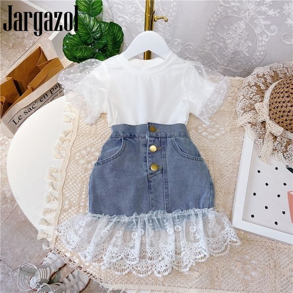 

jargazol fashion kids clothes puff sleeve shirt&lace denim skirt korean summer little girls clothing set cute children outfits 201126, White