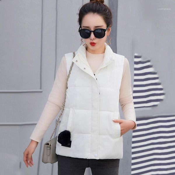 

stand collar women solid winter vest plus size cotton padded short style sleeveless jacket thick outwear casual women's parkas1, Black