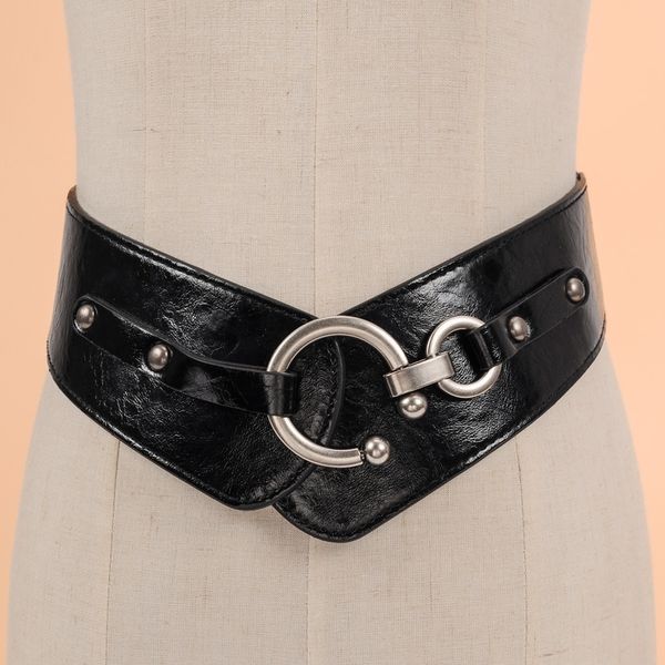 

retro wide metal interlock buckle womens elastic waist belt cinch elastic genuine leather wide women dress belts cummerbunds y200501, Black;brown