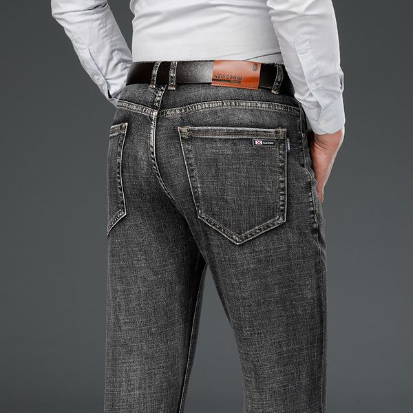 

smoke grey jeans autumn new business straight tube loose casual cotton elastic water washing men's pants, Blue