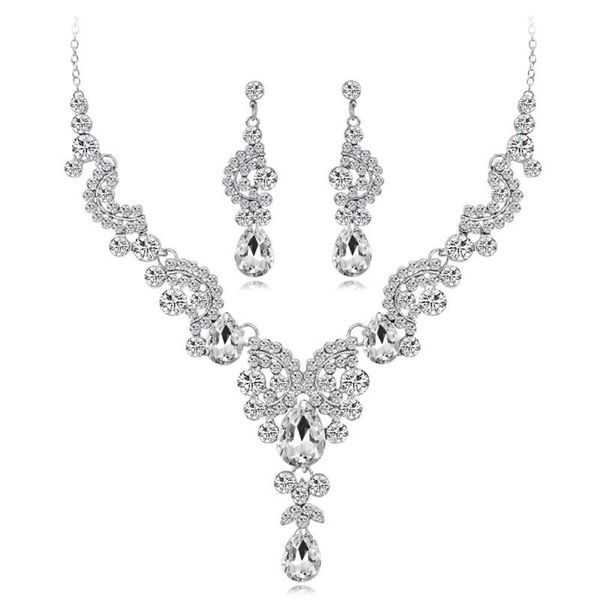 

women jewelry set elegant rhinestone teardrop pendant wedding necklace earrings for women gift, Silver