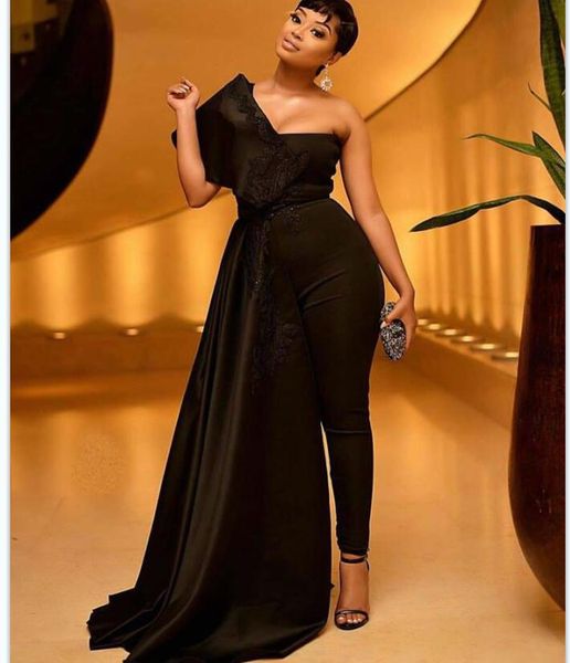 

2022 plus size black prom dresses women jumpsuits one shoulder satin lace appliqued evening gowns vestidos