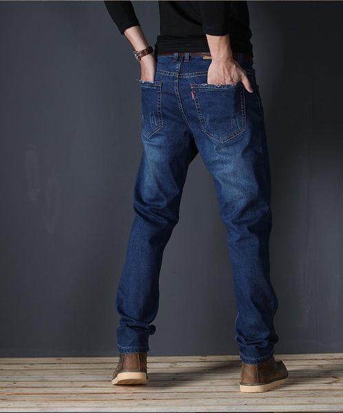 

js3440j-2020 summer jeans men's straight fit large mid waist men's jeans elastic simple business pants, Blue