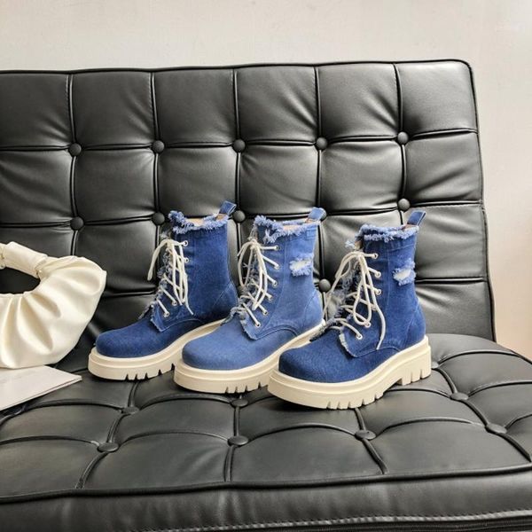 

womens denim jeans lace up ankle boots punk motorcycle round toe chunky heel warm winter thick shoes lace up plus size ripped1, Black