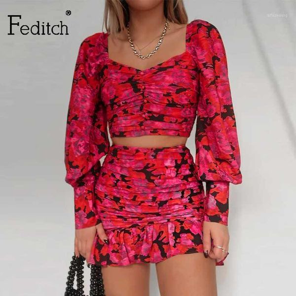 

feditch 2020 summer two piece set puff sleeves ruffle hemline bodycon 2 piece set women short night club two1, White