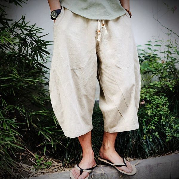

summer chinese style pants men's cropped trousers wide leg pants linen casual bottom 201109, Black