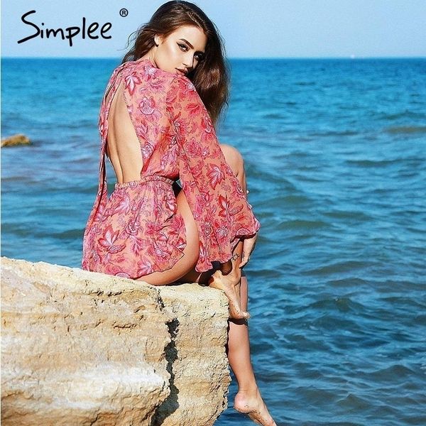 

simplee backless lace up floral women jumpsuit romper female print bodysuit summer overalls playsuit catsuit leotard t200113, Black;white