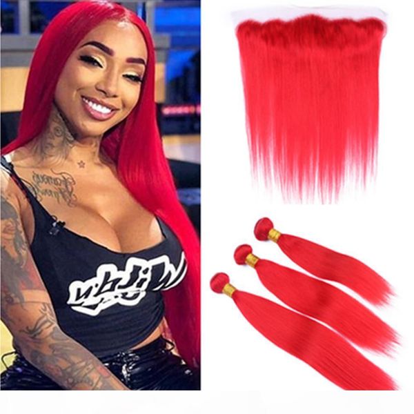 

bright red straight 3bundles brazilian hair wth frontal closure 4pcs lot pure red human hair 13x4 lace frontal with virgin hair weaves, Black;brown
