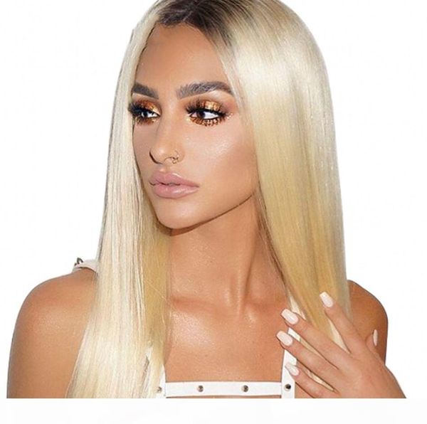 

mongolian human hair wigs 1b 613 blonde lace front wigs for women straight hair wigs 130% density, Black;brown