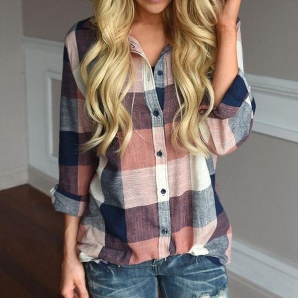 

fashion womens and blouses female casual matching color long sleeve button loose plaid shirt blusas mujer de moda 2020, White