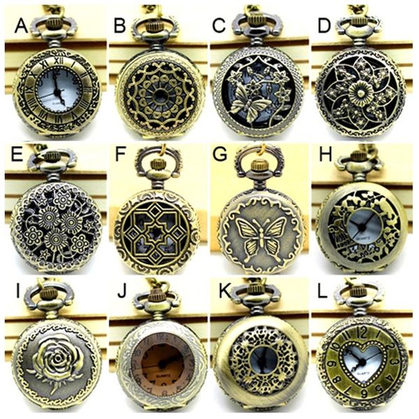 

apw005) wholesale vintage bronze small mixed 12 designs pocket watch necklace, victorian style watch pendant.party gift. t200502, Slivery;golden