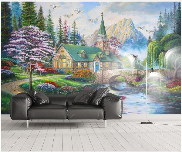 

3d wallpaper custom p european country small bridge with flying birds and flowing water 3d wall muals wall paper for walls 3 d in rolls