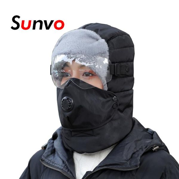 

sunvo winter warm fur hats for women men fashion hip hop hedging cap outdoor cycling waterproof hood hat with glasses bonnets, Blue;gray