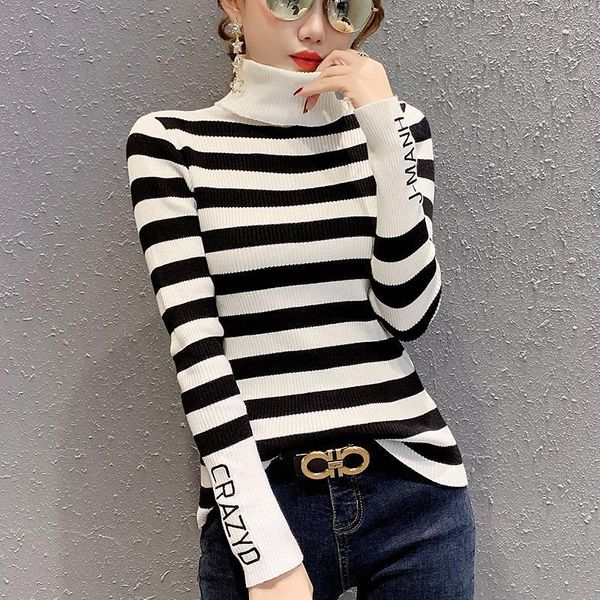 

#6240 black with white striped sweater women knitwear turtleneck sweater slim tight harajuku casual womens spring autumn1, White;black