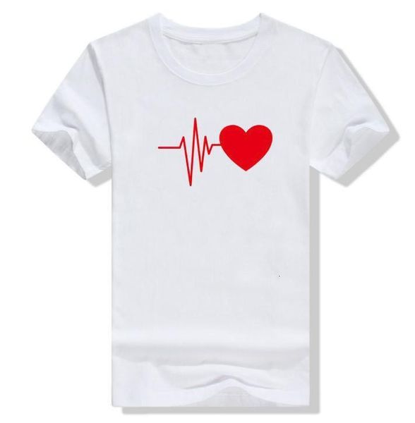 

funny electrocardiogram heart print t shirt women short sleeve o neck loose tshirt summer women tee shirt, White