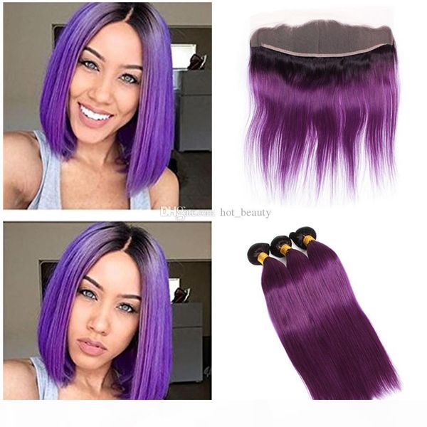 

straight human hair weft 1b purple 9a brazilian peruvian indian virgin hair three bundles with lace frontal dark roots human hair extensions, Black